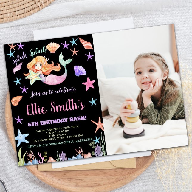 Invitation Photo 6th Pink Under the sea Mermaid Anniversaire (Photo 6th Pink Under the sea Mermaid Birthday Invitation)