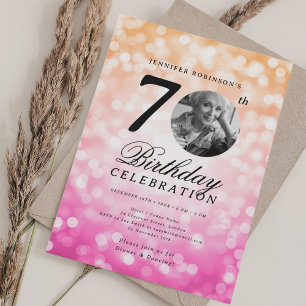 Invitation Photo 70e anniversaire Orange Pink Ombre Bokeh