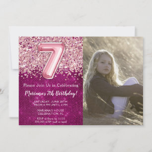 Invitation Photo 7e Anniversaire Fille Rose Magenta Paillette