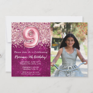 Invitation Photo 9e Anniversaire Magenta Rose Pailleté