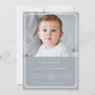 Invitation photo à cadre blanc bleu poussiéreux baptême invit