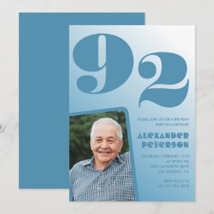 Invitation Photo à dégradé bleu rétro 92e anniversaire