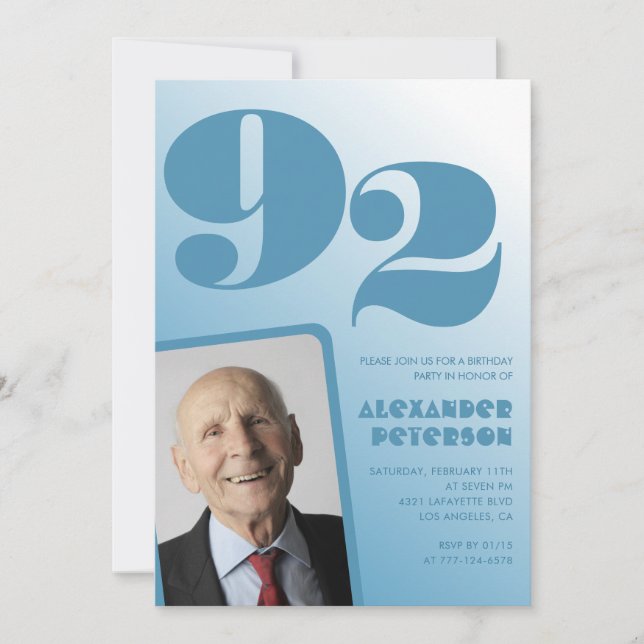 Invitation Photo à dégradé bleu rétro pour les 92 ans d'un ho (Devant)