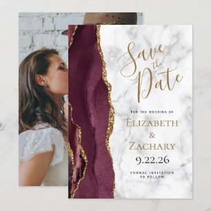 Invitation Photo Agate Burgundy Gold Marble Enregistrer la da