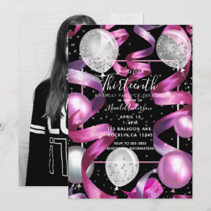 Invitation Photo Anniversaire 13 Ans Pailleté Noir Rose Argen