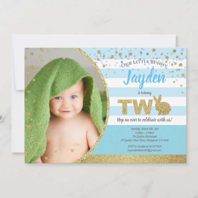 Invitation photo anniversaire 2 ans lapin garçon e (Devant)