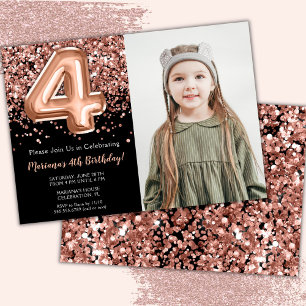 Invitation Photo Anniversaire 4 Ans Paillettes Rose Or Noir