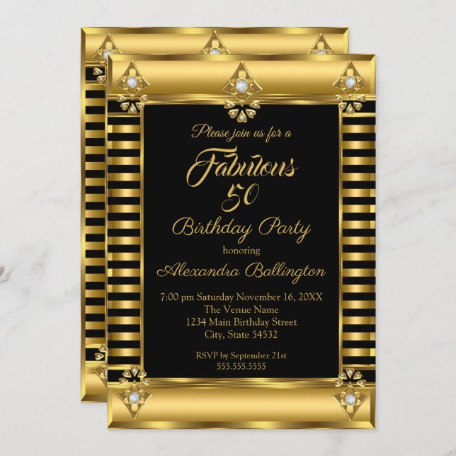 Invitation Photo Anniversaire Black Gold Deco Stripe (Devant / Derrière)