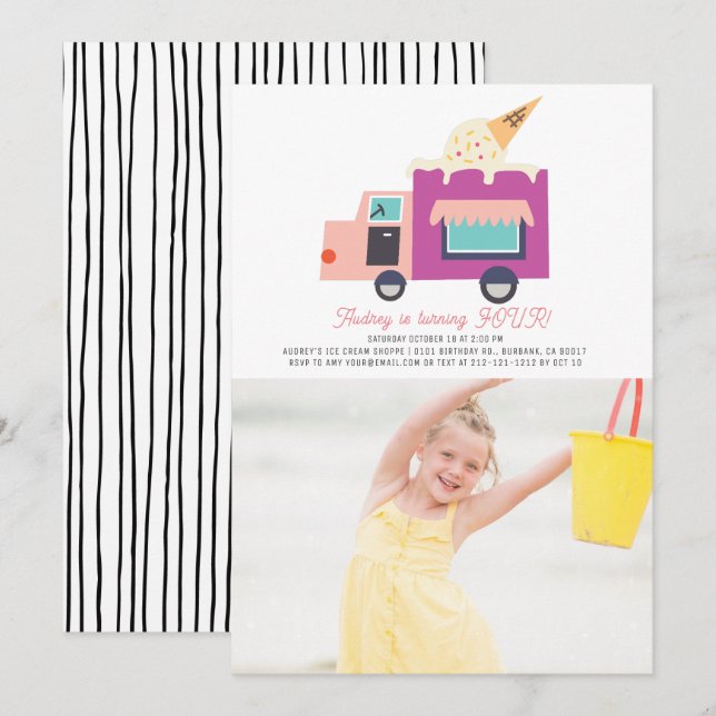 Invitation Photo Anniversaire de la Camion Crème de glace (Devant / Derrière)