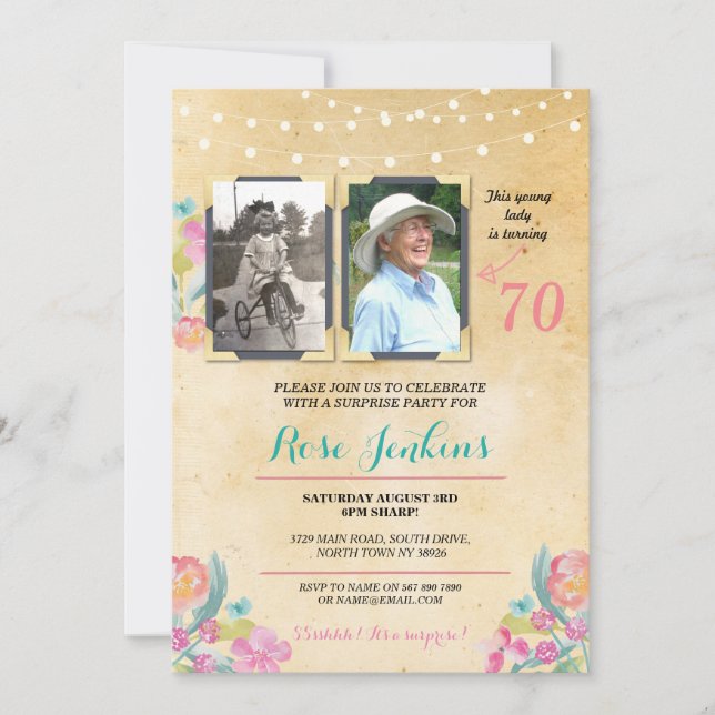 Invitation Photo Anniversaire Fête rose Floral 2 Photos Invit (Devant)
