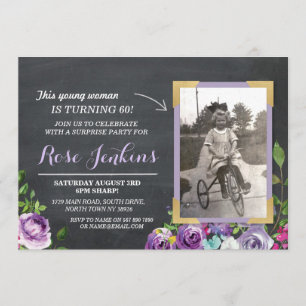 Invitation Photo Anniversaire Floral Rustic Chalk Violet Invi