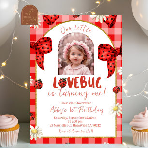 Invitation Photo Anniversaire Lovebug Coquette Nœud à Carreau