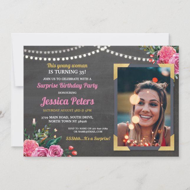 Invitation Photo Anniversaire Marque florale rose N'importe q (Devant)