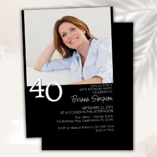 Invitation Photo Anniversaire Minimaliste Moderne Noir 40 Ans
