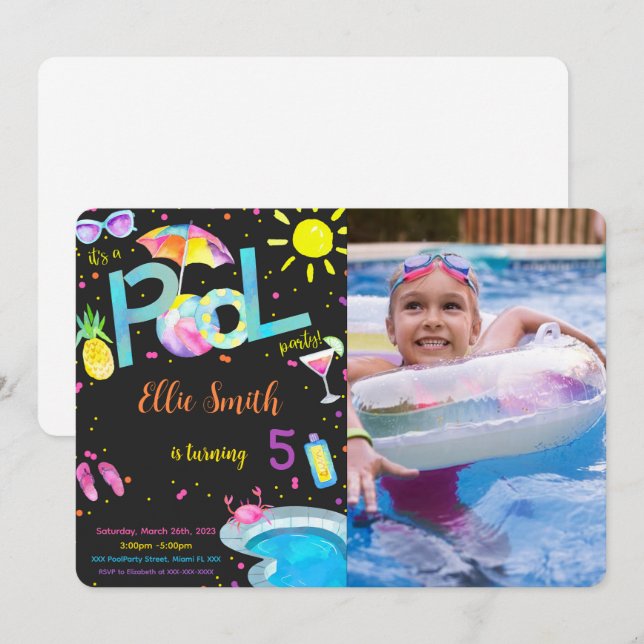 Invitation photo anniversaire piscine modifiable (Devant / Derrière)