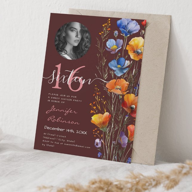 Invitation PHOTO Aquarelle Fleur sauvage doux 16 Bourgogne (PHOTO Watercolor Wildflowers Sweet 16 Burgundy Invitation)