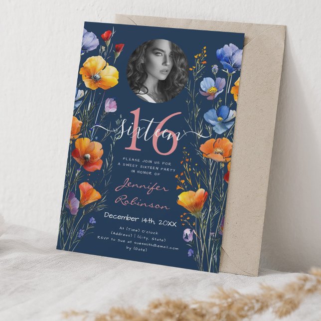 Invitation PHOTO Aquarelle Fleurs sauvages doux 16 bleu marin (PHOTO Watercolor Wildflowers Sweet 16 Navy Blue Invitation)