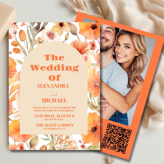 Invitation Photo Aquarelle rose orange Fleur sauvage Mariage (Créateur téléchargé)