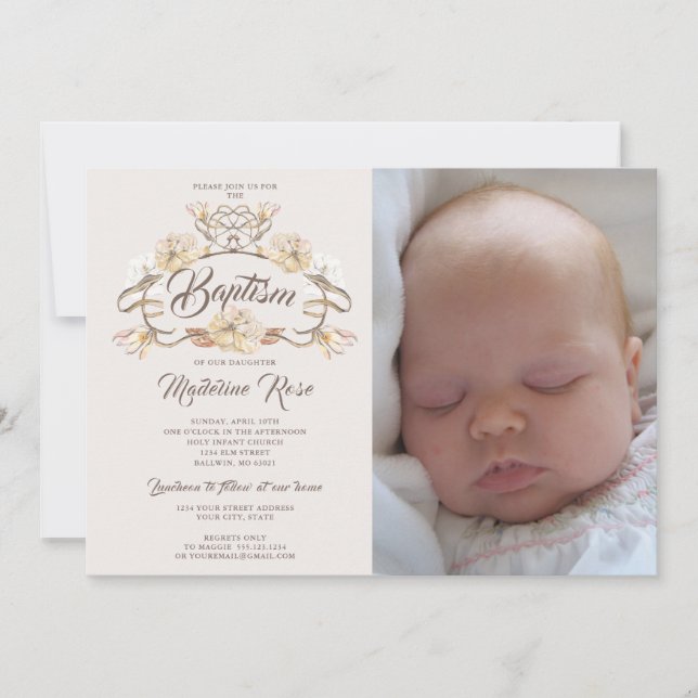 Invitation Photo Aquarelle Rustique Floral Baptême (Devant)