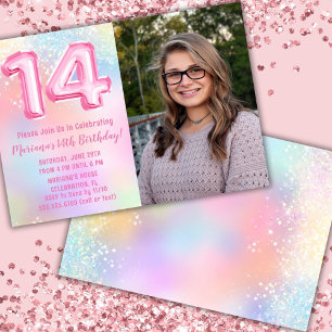 Invitation Photo Arc-en-ciel rose 14e anniversaire