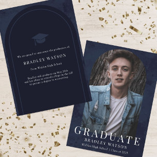 Invitation Photo Arc moderne Marine Bleu Boy's Graduation