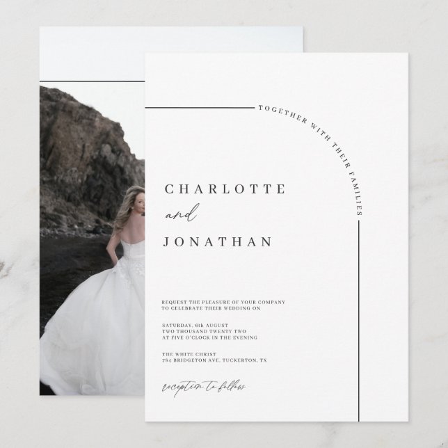 Invitation Photo Arch moderne Mariage noir et blanc (Devant / Derrière)