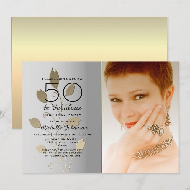 Invitation Photo argent et or 50e anniversaire (Devant / Derrière)