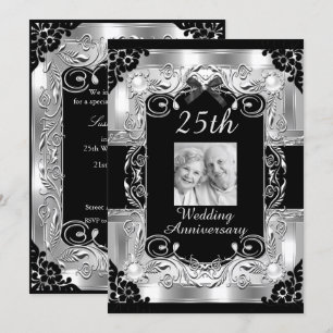 Invitation Photo Argent Floral 25e anniversaire Mariage