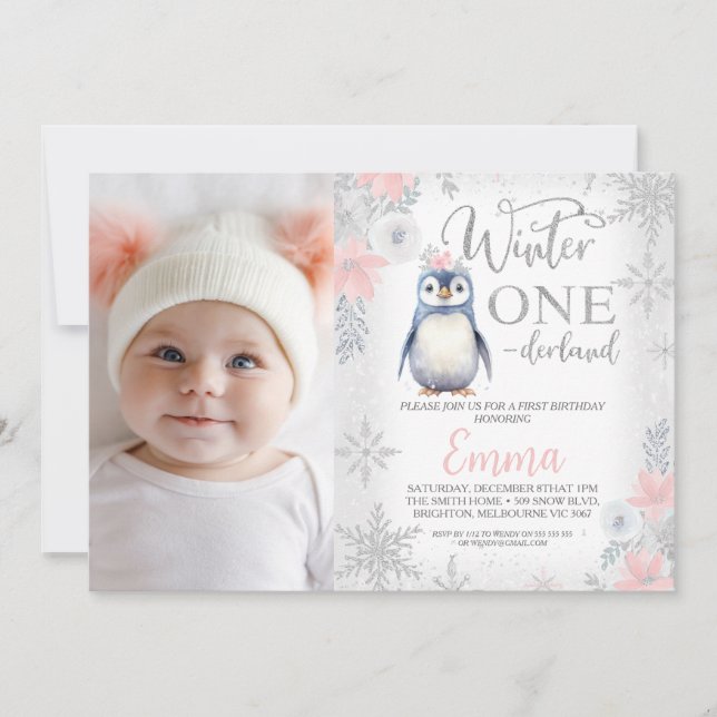 Invitation Photo Argent Penguin Hiver Anniversaire des neiges (Devant)