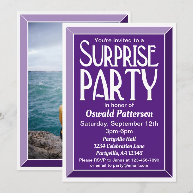 Invitation Photo Art déco violet Anniversaire Surprise Party (Devant / Derrière)