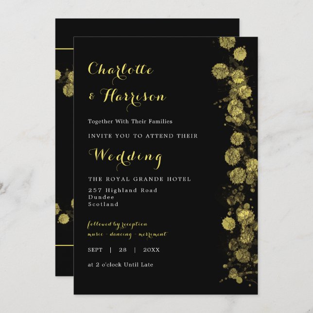 Invitation Photo artistique moderne Black Gold (Devant / Derrière)
