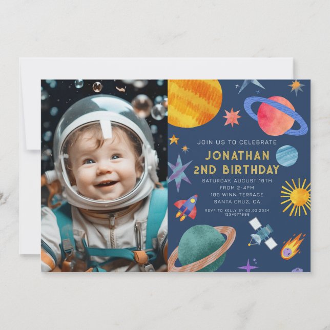 Invitation Photo Astronaut Planètes Space Boy Anniversaire (Devant)