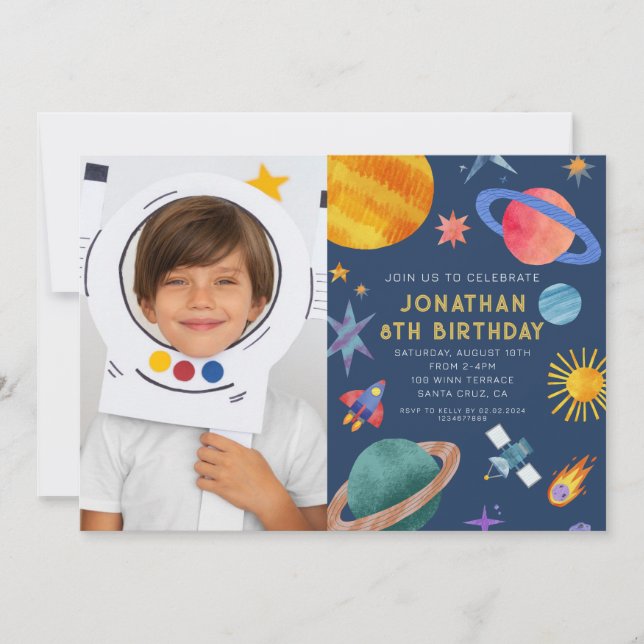 Invitation Photo Astronaut Planètes Space Boy Anniversaire (Devant)