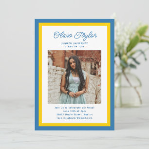 Invitation Photo avec bordure bleue jaune blanche Fête de rem