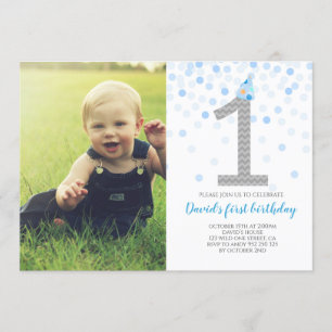 Invitation Photo Baby Boy First Birthday Blue Confetti