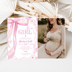 Invitation Photo Baby shower élégant de Bow rose