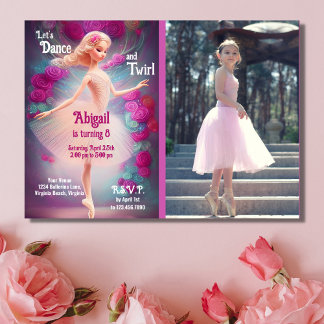 Invitation Photo Ballerina Rose Floral Ballet Anniversaire