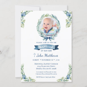 Invitation Photo Baptême Croix Bleue Garçons Floraux