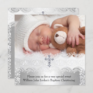 Invitation Photo Baptême Croix dentelle bébé garçon fille arg