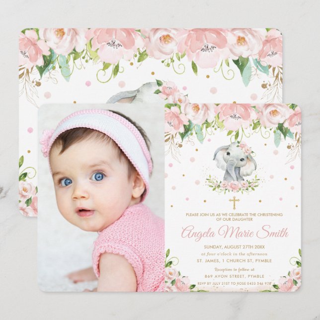 Invitation Photo Baptême florale rose chic Eléphant (Devant / Derrière)
