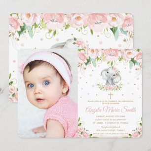 Invitation Photo Baptême florale rose chic Eléphant