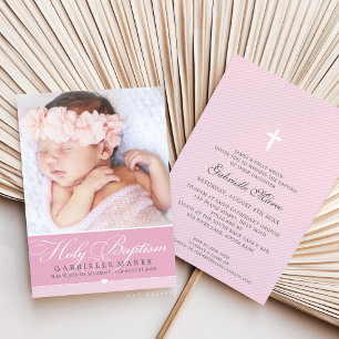 Invitation PHOTO BAPTISM élégante calligraphie douce fille ro