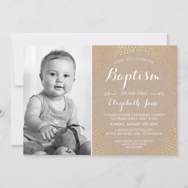 Invitation PHOTO BAPTISM mignon mini confetti en or blanc kra (Devant)