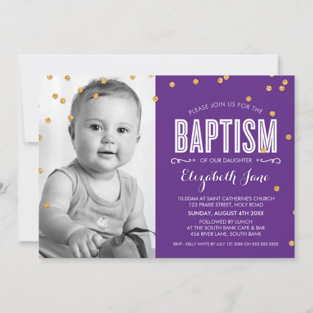 Invitation PHOTO BAPTISM mignon parties scintillant en or con (Devant)