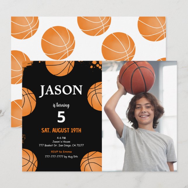 Invitation photo basket-ball noir (Devant / Derrière)