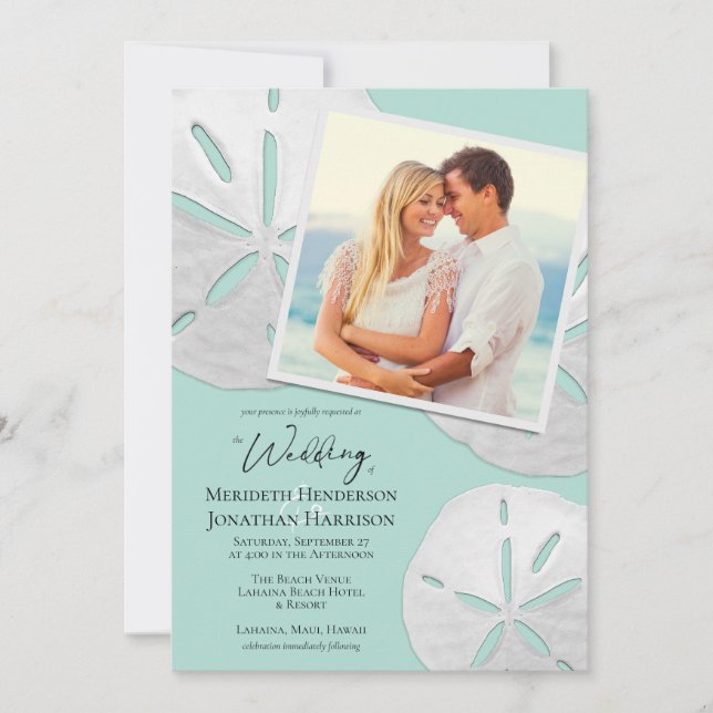 Invitation Photo Beach Sea Glass Sand Dollars Site Mariage (Devant)