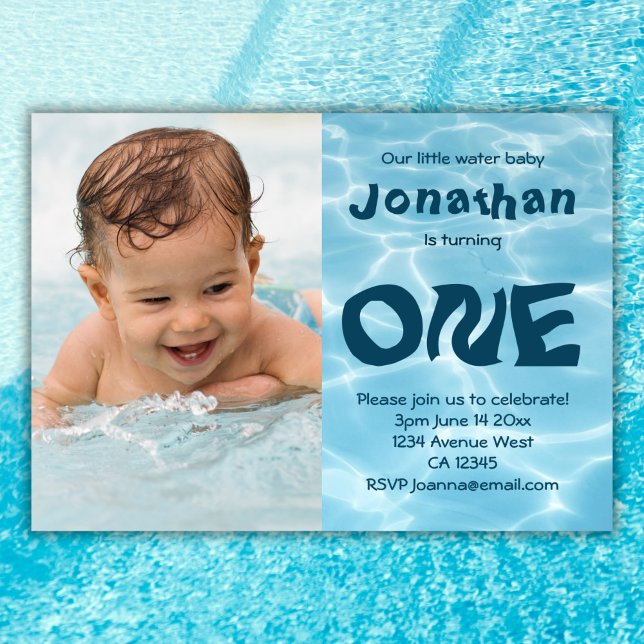 Invitation Photo bébé eau personnalisée 1er anniversaire fête (Créateur téléchargé)