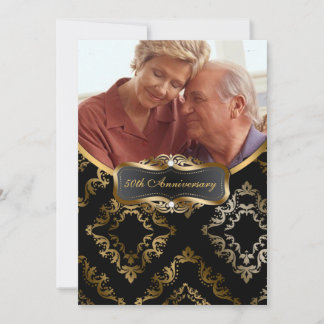 Invitation photo Black and Gold Damask