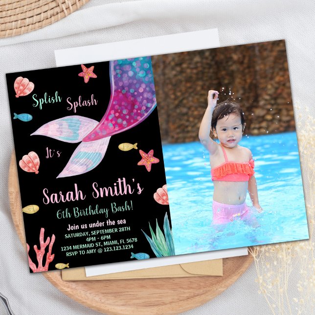Invitation Photo Black Dark Purple Mermaid Tail Anniversaire (Photo Black Dark Purple Mermaid Tail Birthday Invitation)