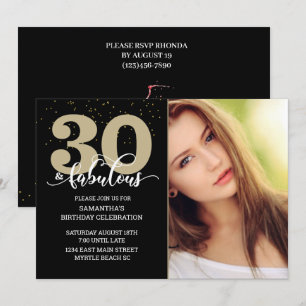 Invitation Photo Black Gold 30 et Fabulous Birthday Party
